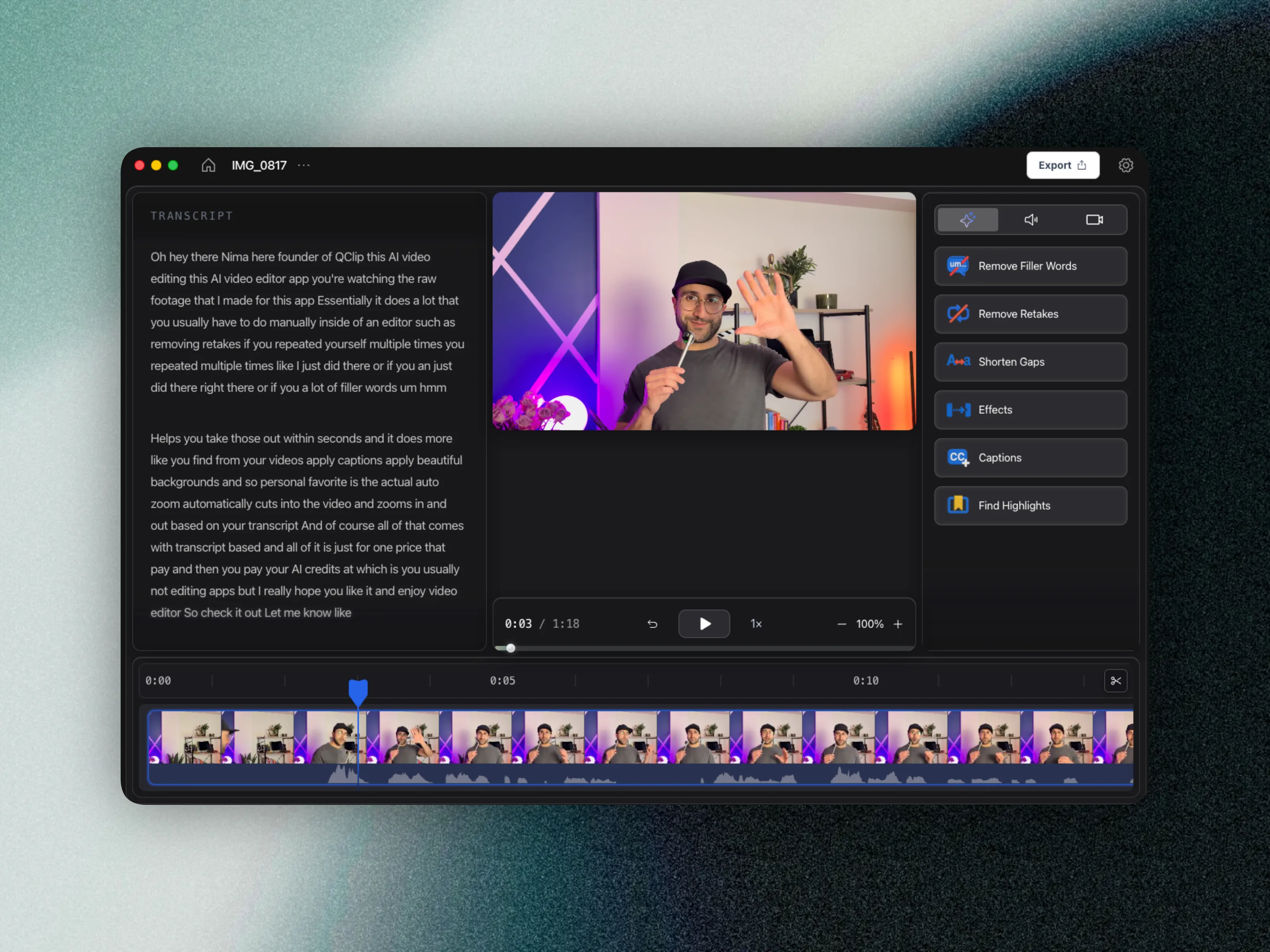 CueClip transcript editor view